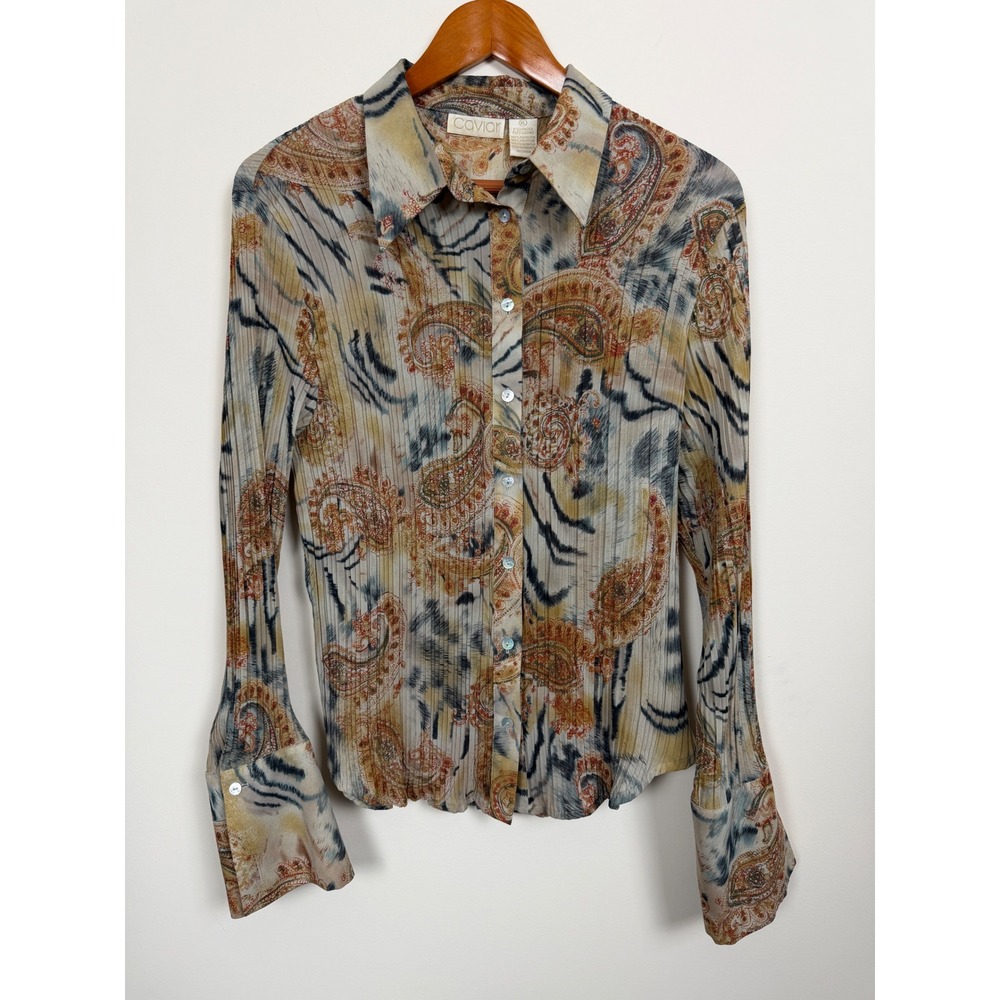 Caviar Tiger Paisley Blouse Women XL Multicolor Pleated Crinkle Button Down